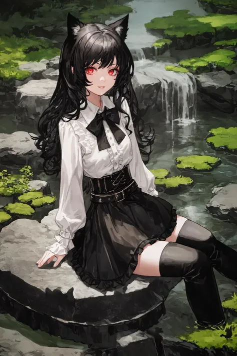 1girl sitting on rock, solo, upper body, black hair, cat ears, curled hair, red eyes, looking at viewer, white shirt, black skirt, belt, ornate clothes, black bowtie, black thighhighs, leather boots, nature, pond, parted lips, light smile
