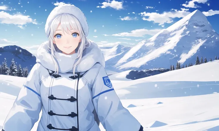 a Nordic woman, smile, outdoors, snow, winter, blue sky, clouds