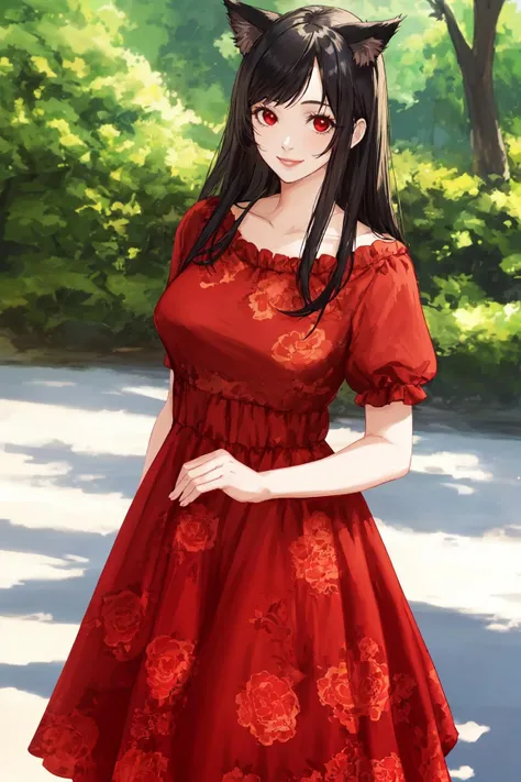 a woman standing in a park, black hair, red eyes, cat ears, smile, floral print dress
