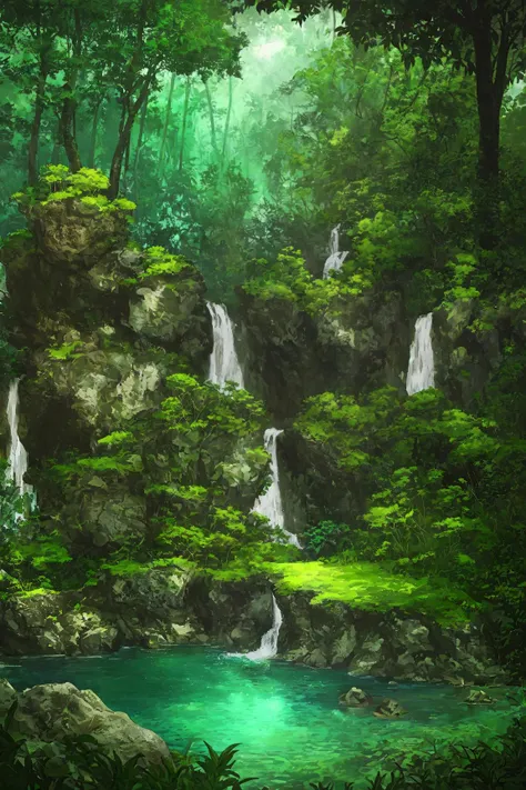 rock, outdoors, jungle, nature, forest, trees, grass, detailed grass, tall grass, plants, flowers, rocks, waterfall, water, pond