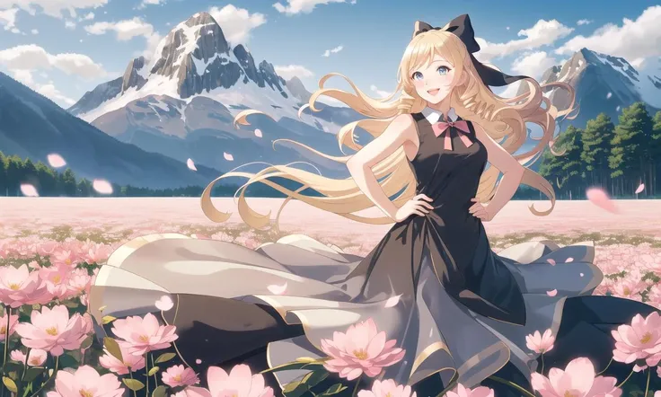 a woman, smile, open mouth, upper teeth, blush, blonde hair, blue eyes, bow, dress, drill hair, long hair, black dress, ribbon, solo, upper body, cloudy sky, mountain, forest, standing in a flower field, floating petals, hands on hips