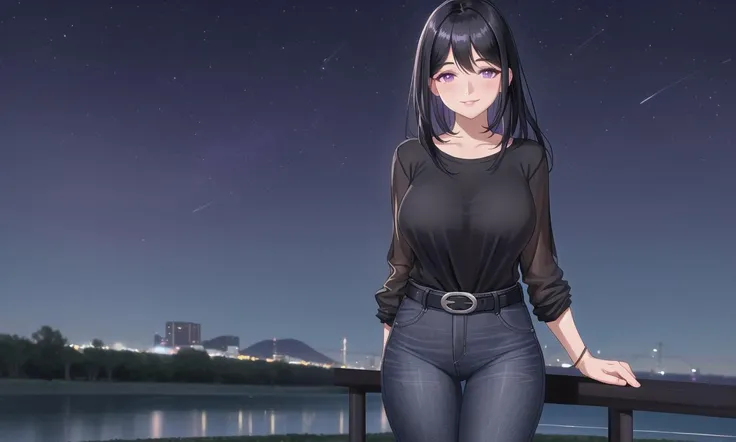 a woman standing outdoors at night, black tshirt, jeans, belt, parted lips, blush, smile, black hair, violet eyes