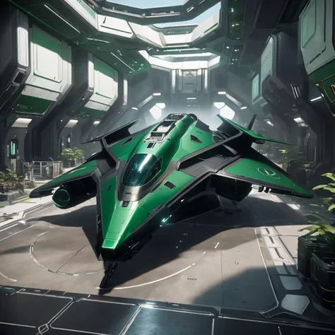 masterpiece, best quality, 8k, natural lighting, soft lighting, sunlight, wide-angle, (action shot of a green and black crusader spaceship stadning on ground inside a futuristic spacestation port, people working on the spaceship, repairing it:1.3) <lora:starcitizen-lora:0.8>  <lora:wowifierXL:0.3> art by mooncryptowow
