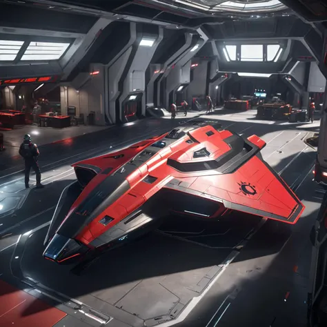 masterpiece, best quality, 8k, natural lighting, soft lighting, sunlight, wide-angle, (action shot of a red and black crusader spaceship stadning on ground inside a futuristic spacestation port, people working on the spaceship, repairing it:1.3) <lora:starcitizen-lora:0.8> <lora:wowifierXL:0.3> art by mooncryptowow