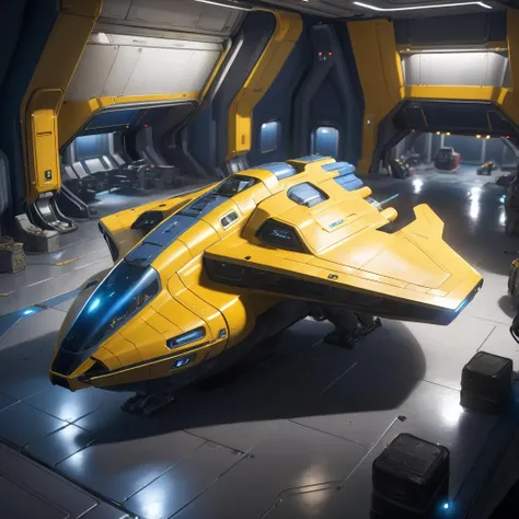 masterpiece, best quality, 8k, natural lighting, soft lighting, sunlight, wide-angle, (action shot of a yellow and blue crusader spaceship stadning on ground inside a futuristic spacestation port, people working on the spaceship, repairing it:1.3) <lora:starcitizen-lora:0.8> <lora:wowifierXL:0.3> art by mooncryptowow
