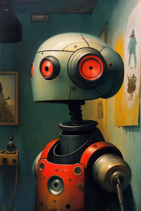 masterpiece,best quality,<lora:tbh161-:0.7>,illustration,style of Shaun Tan, portrait of Housework robots