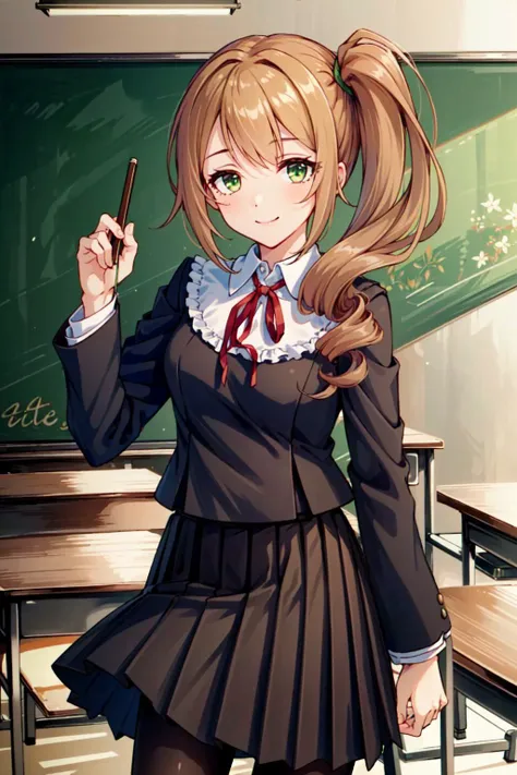 (masterpiece, best quality:1.5),<lyco:Chloe-v2-000006:0.9>,1girl,looking at viewer,seductive smile,chloerealschoollong hair,bangs,brown hair,green eyes,side ponytail,skirt,ribbon,pleated skirt,black pantyhose,red ribbon,neck ribbon,pantyhose,classroom,