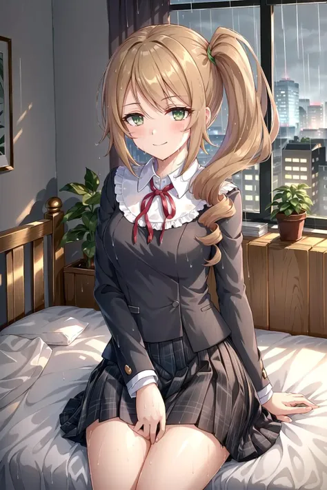 masterpiece, (best qulaity:1.3), 8K, wallpaper, depth of field, beautiful detailed eyes, (1girl, (chloerealschool:1.25), long hair, brown hair, hair between eyes, green eyes, side ponytail, (wet:1.15), black skirt, pleated skirt, red ribbon, neck ribbon, closed mouth, blush, sitting, smile, small breasts, window, cityscape, (grey sky, rain, on bed, sheet, indoors:1.15), looking at viewer) <lora:Chloe-v2:0.9>