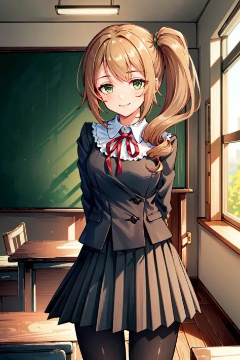 (masterpiece, best quality:1.5),<lyco:Chloe-v2-000006:0.9>,1girl,looking at viewer,seductive smile,chloerealschoollong hair,bangs,brown hair,green eyes,side ponytail,skirt,ribbon,pleated skirt,black pantyhose,red ribbon,neck ribbon,pantyhose,classroom,arms behind back,