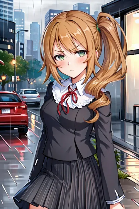 masterpiece, (best qulaity:1.3), 8K, wallpaper, depth of field, beautiful detailed eyes, (1girl, (chloerealschool:1.25), long hair, brown hair, hair between eyes, green eyes, side ponytail, building, (city:1.2), closed mouth, annoyed, blush, (rain, grey sky:1.3), medium breasts, collarbone, black skirt, long skirt, pleated skirt, red ribbon, neck ribbon, looking at viewer)   <lora:Chloe-v2:1.0>