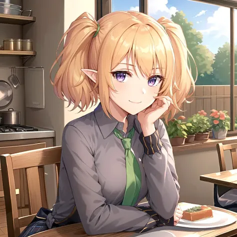 masterpiece, (best qulaity:1.3), 8K, wallpaper, depth of field, beautiful detailed eyes (1girl, chloeschool, blonde hair, purple eyes, pointy ears, twintails, light smile, closed mouth, medium breasts, upper body, sitting, (hand on chin), looking at viewer, straight-on, pov, indoors, blue sky, window, medieval, garden, (kitchen:1.3), long sleeves, booth seating, table, (plate, vegetable), green necktie, (school uniform, grey_shirt))   <lora:Chloe-v2:0.9>