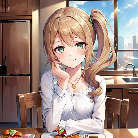 masterpiece, (best qulaity:1.3), 8K, wallpaper, depth of field, beautiful detailed eyes, (1girl, chloereal, side ponytail, brown hair, green eyes, light smile, closed mouth, small breasts, upper body, sitting, (hand on chin), looking at viewer, straight-on, pov, indoors, blue sky, window, cityscape, (kitchen:1.3), long sleeves, both seating, table, plate, (hamburger:1.4), white shirt,  long sleeves, collarbone)   <lora:Chloe-v2:0.8>