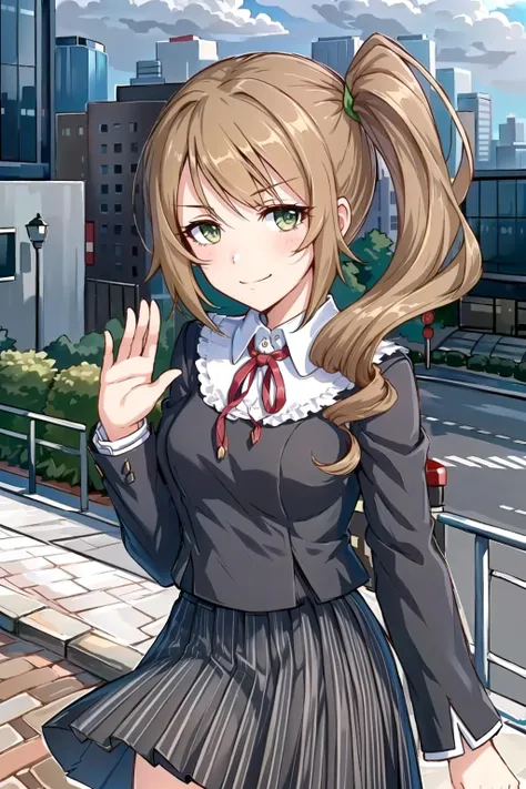 masterpiece, (best qulaity:1.3), 8K, wallpaper, depth of field, beautiful detailed eyes, (1girl, (chloerealschool:1.25), long hair, brown hair, hair between eyes, green eyes, side ponytail, building, (city:1.2), closed mouth, smile, smug, blush, (grey sky, waving:1.3), medium breasts, collarbone, black skirt, pleated skirt, red ribbon, neck ribbon, looking at viewer)   <lora:Chloe-v2:1.0>