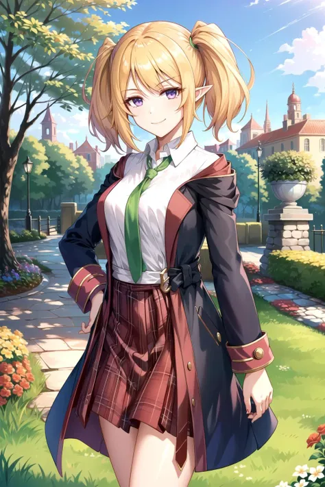 masterpiece, (best qulaity:1.3), 8K, wallpaper, depth of field, beautiful detailed eyes (1girl, chloeschool, twintails, purple eyes, blonde hair, pointy ears, st. theresa's girls academy school uniform, pleated skirt, plaid skirt, red skirt, choker, black coat, green necktie, school uniform, medium breasts, solo, looking at viewer, light smile, smug, blue sky, medieval, garden, standing)  <lora:Chloe-v2:1.0>