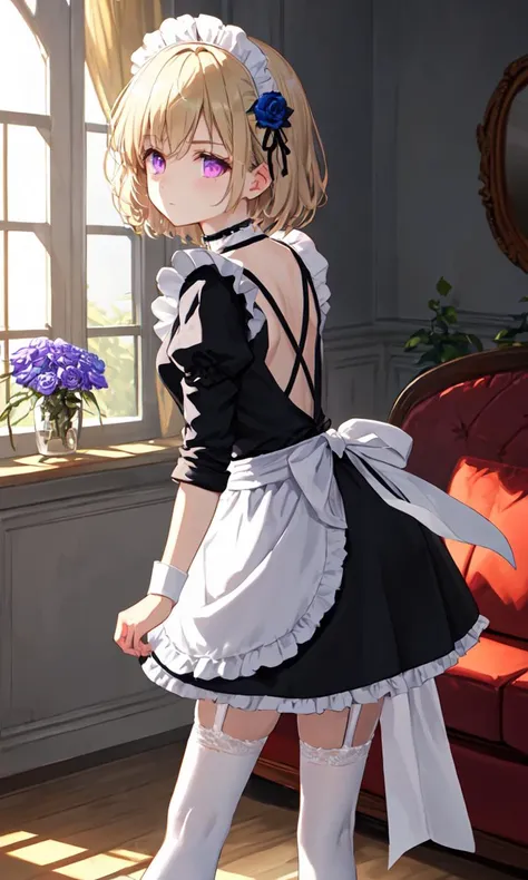 <lora:sd15-bty-mintyoc:0.8> mintyoc, 1girl, pale_blonde_hair, pink_purple_eyes, short_hair, small_breasts, +++ arched back, standing, from dutch, hip, looking back, portrait, cinematic lighting, eyebrows visible through hair, choker, black maid dress, long dress, yellow lace trim, white maid apron, frilled apron, maid headdress, waist apron, puffy sleeves, amber thighhighs , frills, garter straps, blue rose flower hair ornament, Bashful, curtains, indoors, window, sofa, table, pictue, Vases, houseplants