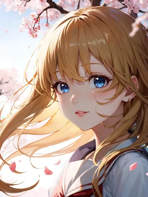 Peachland, fantastic, cherry blossoms, park, petals, wind portrait, rays light sparkles lens flare deep shadows golden hour,
petite 1girl school_Uniform blond hair blue eyes, best quality, high detailed, Faint lips,UC:realistic, cute anime face, cinematic lighting