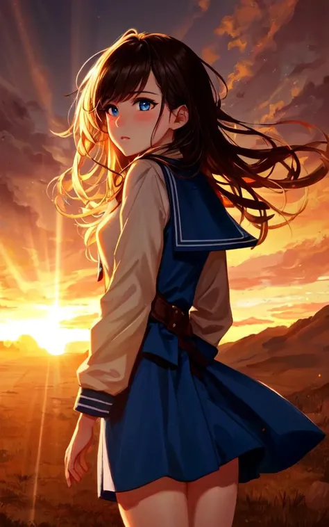best quality, high detailed, Faint lips,UC:realistic, cinematic lighting kawaii cute 1girl iridescence hair blue eyes, wavy mouth school_Uniform loose socks platform sneakers, bare legs soles focus, cowboy shot , looking back, strong light coming in light rays light sparkles lens flare deep shadows caustics golden hour