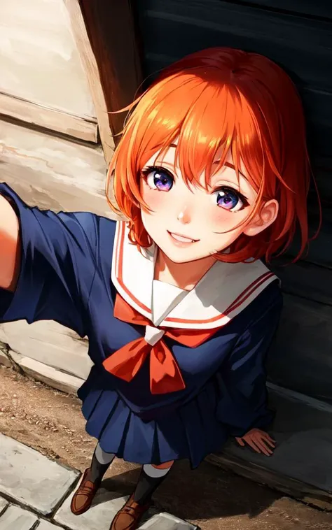 best quality, high detailed, Faint lips,UC:realistic, cinematic lighting kawaii cute 1girl orange hair iridescence eyes, smile fang school_Uniform slouch socks monk strap Fullbody , selfie solo focus wide shot, wide shot from above sitting , looking away