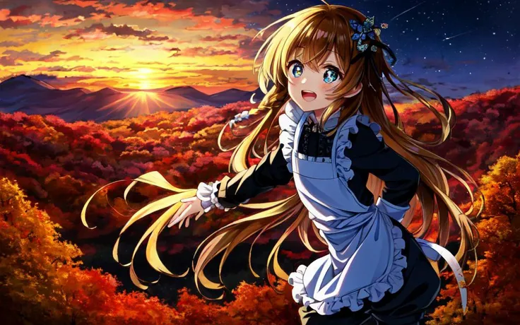 long sleeves, kawaii petit child childish innocent ankle-biter 1girl 8yo, star-shaped pupils small_star symbol in the pupils and iris, ((skindantation)) ((flat chest)) +++, +++
hazel eyes,
light brown hair,
very long hair ,
short twin braid,
wavy hair ,
hair over eyes, covered eyes, blunt bangs,
hair flaps ,
:D upper teeth disgusted eyes,
blush ,
+++, from behind hip focus hip view toward the buttocks, starry print dirndl, apron, white blouse slouch socks sandales, looking up, beautiful detailed eyes intricate:1.3 ((Gothic)) ((Frilled)), (((hair ornament))), hair flower, eyeliner skindantation black stocking , garter straps, Lace, cross-laced footwear, frilled blouse ribbon-trimmed sleeves lower eyelashes eyelashes ( short pants:1.4), Autumn leaves, maple leaves, fluttering, wind fantastic mackerel sky golden hour, traditional media anime colored letdown ink (medium) thick outline croquis, anime colored posca, sketch manga style traditional media croquis colored pencil (medium), +++ extremely quality, high detailed, anime coloring illustration game cg contrapposto <lora:_flat2:0.3:ALL> ++ Faint lips,UC:realistic cute anime face cinematic angle Girl at the front single focus dynamic pose, +++ extremely quality extremely detailed deep-silky-healthy-lackwarm-foundational-soft-skin high resolution, contrapposto glow shine like opal magnificent photo realistic ray trace depth of field <lora:_flat2:-0.4:ALL> <lora:_hipoly3DModelLora_v20:0.3:NF> hiqcgbody ++ Faint lips,UC:realistic, cinematic lighting cinematic angle Girl at the front dynamic pose