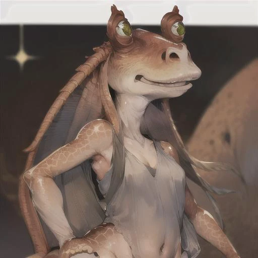 jar jar binks, Beautiful Art Style, 1girl, young woman, looking at viewer, attractive, cosmic, arm at her side, <lora:pillowSexTestSexAct_v10:0.8>, loraeyes, <lora:eyeLora_eyesV10:0.8>, <lora:jarJarBinksGunganStar_v3:0.6>
