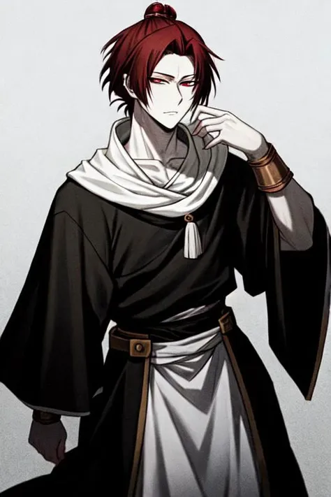 BLEACH STYLE, A young man with pale skin, an emotionless gaze, pronounced facial features, sunken cheeks, a faint smile. He is dressed in simple, long medieval clothing with copper cuffs on his wrists, wide sleeves, and dark hair gathered into a topknot., Graphite, by Kentaro Miura