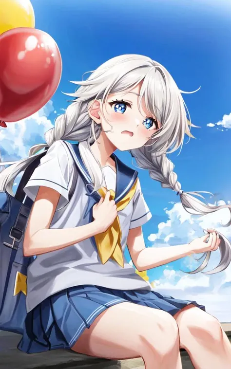 Lots of colorfull balloons fill the sky. blue sky White clouds Girl looking up from below, kawaii petit child childish innocent ankle-biter 1girl 8yo, star-shaped pupils small_star symbol in the pupils and iris, ((skindantation)) ((flat chest)) +++, +++ extremely quality extremely detailed deep-silky-healthy-lackwarm-foundational-soft-skin, illustration high resolution, contrapposto glow shine like opal, <lora:_flat2:-0.3:lbw=ALL> <lora:_hipoly3DModelLora_v20:0.3:lbw=NF> hiqcgbody ++ Faint lips,UC:realistic cute anime face cinematic angle Girl at the front dynamic pose, +++ 
gray eyes, 
light yellow hair, 
long hair , 
twin braids, 
streaked hair , 
asymmetrical bangs, 
hair flaps , 
gasping, 
embarrassed , 
+++, portrait , school uniform, navy  short sleeve  slouch socks, school bag