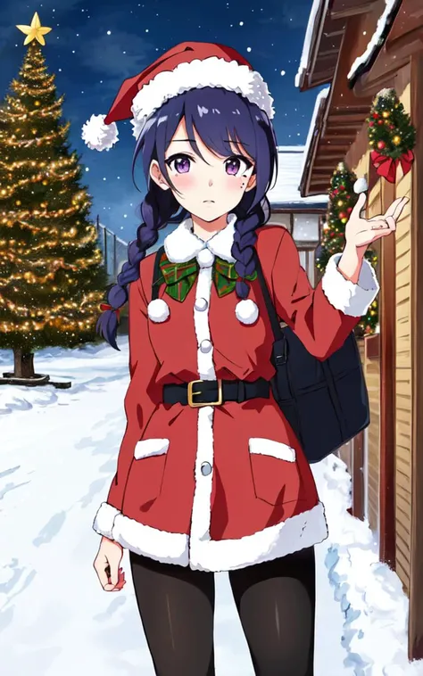 school uniform, white long sleeve, sweater pantyhose, school bag, kawaii petite minor 1girl yo eyeliner skindantation (a mole under the right eye) medium breasts (eyes visible through hair) +++, +++
amber eyes,
transparency purple hair,
medium hair ,
twin braids,
streaked hair ,
crossed bangs,
sideburns ,
:>,
,
+++, reaching out , face to tiptoe , +++ extremely quality, high detailed, anime coloring illustration game cg contrapposto <lora:_flat2:0.3:ALL> ++ Faint lips,UC:realistic cute anime face cinematic angle Girl at the front single focus dynamic pose, xmas santa costume fur_trim red coat (best shadow) (Large Christmas tree blue illumination) cold sky snowy night