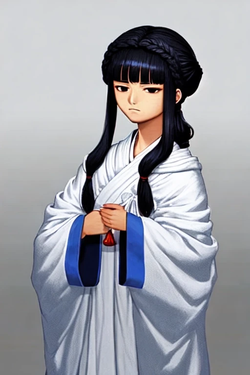A single teenager with pronounced facial features, sunken cheeks, a faint smile, dressed in simple long russian-style clothing with blue cuffs on his wrists, wide sleeves, long black hair gathered into a topknot., Graphite, BLEACH STYLE, by Kentaro Miura