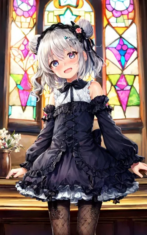 double bun 
gray eyes, 
pale multicolored hair, 
short hair , 
hair over one eye, 
hair flaps , 
wavy mouth, 
blush , 
head_tilt standing , kawaii petit child childish innocent ankle-biter 1girl , star-shaped pupils small_star symbol in the pupils and iris, ((skindantation)) ((flat chest)) +++, extremely detailed character, (an extremely delicate and beautiful), solo focus, straight-on, dramatic angle, depthoffield, (expressionless languorous cute, beautiful detailed eyes lower eyelashes eyelashes, intricate:1.3 ((Gothic Lol) ((Frilled)) dress,skirt, Headdress, bowknot, (((hair ornament))), hair flower, eyeliner skindantation black fishnet_pantyhose, garter straps, Lace, cross-laced footwear, frilled blouse ribbon-trimmed sleeves), bloomers [background(building architecture, stained glass ((gothic architecture)) church, (castle), [fantasy])] stained glass candlestick chain iron prison, St. Peter's Basilica, vachican, +++ 
multicolored eyes, 
bright multicolored hair, 
long hair , 
side ponytail, 
drill hair , 
one eye visible through hair, 
hair flaps , 
:D upper teeth disgusted eyes, 
nose blush , 
head_tilt standing  
+++, +++ extremely quality extremely detailed deep-silky-healthy-lackwarm-foundational-soft-skin, illustration high resolution, contrapposto glow shine like opal, <lora:_flat2:-0.3:ALL> <lora:_hipoly3DModelLora_v20:0.3:NF> hiqcgbody ++ Faint lips,UC:realistic cute anime face cinematic angle Girl at the front dynamic pose