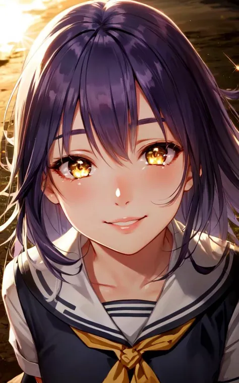 best quality, high detailed, Faint lips,UC:realistic, cinematic lighting kawaii cute 1girl purple hair yellow eyes, smile school_Uniform high socks loafer, from above, portrait , looking at viewer, strong light coming in light rays light sparkles lens flare deep shadows caustics golden hour