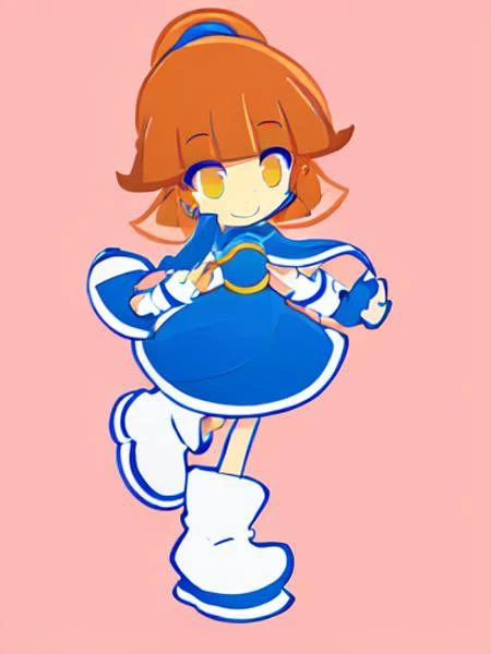 <lora:arle:0.8:LL> kawaii arle nadja petite cute 1girl yellow eyes brown hair,half updo short topknot +++ blue skirt, blue short sleeves, blue breast armor, white shirt, wrist cuffs blue capelet blue boots +++ smile