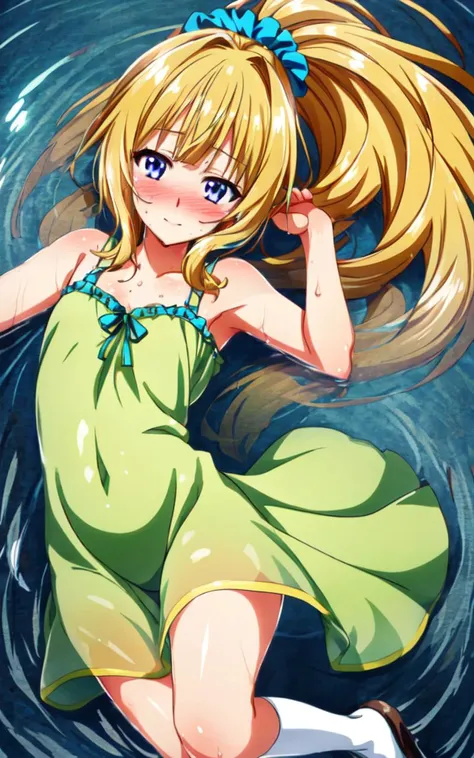 <lora:karu:0.7:NP> karu 1girl clear purpleblue violet eyes, medium breasts skindantation, kawaii tsundere gyaru eyeliner happy (nose blush) doyagao [gradient hair [lightorangeyellow:turquoise:0.8] hair] super long hair, shiny hair (sidelocks) (symmetrical bangs) (blunt bangs), hair up highponytail head_scrunchie,  closed eyes smile:1.2, green sundress zettairyouiki (amber over knee socks), shoes , +++ extremely quality extremely detailed deep-silky-healthy-lackwarm-foundational-soft-skin, illustration high resolution, contrapposto glow shine like opal, <lora:_flat2:-0.3:ALL> <lora:_hipoly3DModelLora_v20:0.3:NF> hiqcgbody ++ Faint lips,UC:realistic cute anime face cinematic angle Girl at the front dynamic pose, wet:1.6 water drop ((beautiful detailed lighting)),lying_on_water (from above), ((an extremely delicate and beautiful)) detailed wet clothes, overexplosure, floating, (beautiful detailed eyes), extremely beautiful detailed water, ((lying on the lake)), ((hairs curling in the water)), ((blue:green:0.5) water) (clear background:1.3), (masterpiece) 8k_wallpaper