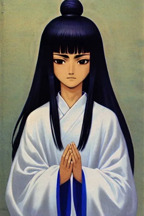 A single teenager with pronounced facial features, sunken cheeks, a faint smile, dressed in simple long russian-style clothing with blue cuffs on his wrists, wide sleeves, long black hair gathered into a topknot., Graphite, BLEACH STYLE, by Kentaro Miura