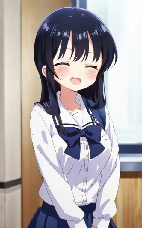 cute kawaii <lora:anna:0.8:NP> yamada anna 1girl, long_hair straight hair, black_hair, eyebrows_visible_through_hair, bangs, brown_eyes, medium breasts, tall girl blush :D closed eyes tsurime:1.8 white school shirt, navybluue pleated_skirt, lowfers