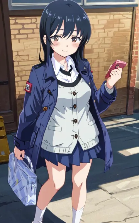 Happy, cute kawaii <lora:anna:0.8:lbw=NP> yamada anna 1girl, long_hair straight hair, black_hair, eyebrows_visible_through_hair, bangs, brown_eyes, medium breasts, tall girl blush smile +++ bento +++ white collared_shirt, , navybluue pleated_skirt, lowfers, ((( quilted coat ) in Sweater)), +++ extremely quality, high detailed, anime coloring illustration game cg contrapposto <lora:_flat2:0.3:lbw=ALL> ++ Faint lips,UC:realistic cute anime face cinematic angle Girl at the front single focus dynamic pose, selfie solo focus wide shot full body (((taken with Sony A1, 8mm, f8))) , looking ahead