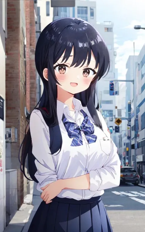 cute kawaii <lora:anna:0.8:NP> yamada anna 1girl, long_hair straight hair, black_hair, eyebrows_visible_through_hair, bangs, brown_eyes, medium breasts, tall girl blush :D  white school shirt, navybluue pleated_skirt, lowfers