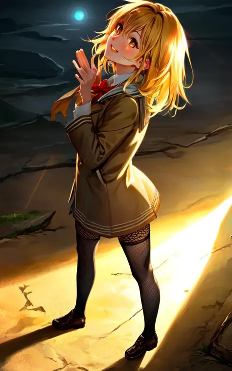 best quality, high detailed, Faint lips,UC:realistic, cinematic lighting kawaii cute 1girl blond hair orange eyes, smile fang school_Uniform fishnet tights full brogue, toward the buttocks, full body , looking up, strong light coming in light rays light sparkles lens flare deep shadows caustics golden hour