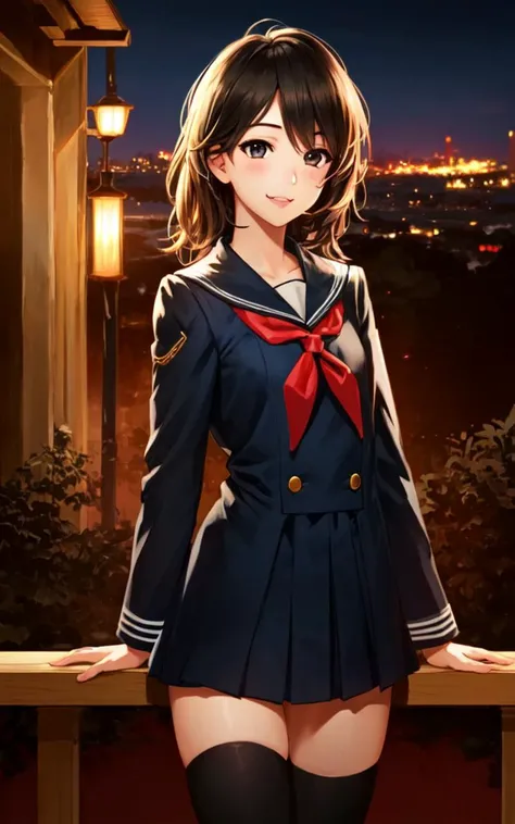 best quality, high detailed, Faint lips,UC:realistic, cinematic lighting kawaii cute 1girl yo amber hair black eyes, smile fang school_Uniform thighhighs full brogue upperbody