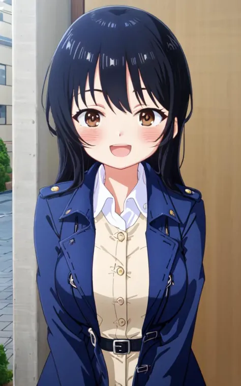 Happy :D, cute kawaii <lora:anna:0.8:lbw=NP> yamada anna 1girl, long_hair straight hair, black_hair, eyebrows_visible_through_hair, bangs, brown_eyes, medium breasts, tall girl blush smile +++ meeat manju +++ white collared_shirt, navybluue jacket , navybluue pleated_skirt, lowfers, ((( trench coat ) in Sweater))