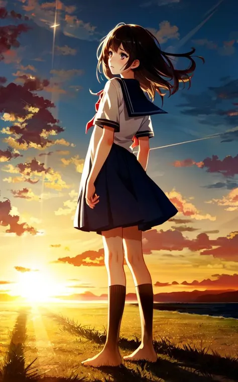best quality, high detailed, Faint lips,UC:realistic, cinematic lighting kawaii cute 1girl vermilion hair black eyes, :3 school_Uniform high socks bare feet, from behind, full body , looking away, strong light coming in light rays light sparkles lens flare deep shadows caustics golden hour