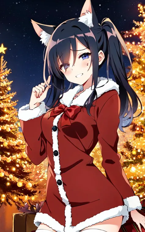 school uniform, navy long sleeve, sweater thighhighs, school bag, kawaii petite minor 1girl yo eyeliner skindantation (a mole under the right eye) medium breasts (eyes visible through hair) +++, +++
starry print eyes,
vivid burgundy hair,
long hair ,
low twintails,
drill hair ,
diagonal bangs,
hair flaps ,
(squinting eyes:1.4) smile,
blush ,
head_tilt standing
+++, from behind hip focus hip view toward the buttocks, cowboy shot , +++ extremely quality, high detailed, anime coloring illustration game cg contrapposto <lora:_flat2:0.3:ALL> ++ Faint lips,UC:realistic cute anime face cinematic angle Girl at the front single focus dynamic pose, xmas santa costume fur_trim red coat (best shadow) (Large Christmas tree blue illumination) cold sky snowy night