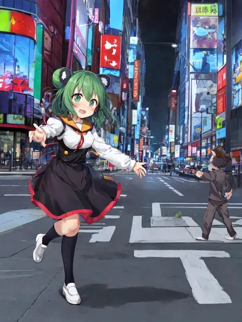 kawaii petit child childish 1girl, (skindantation) medium breasts,
raccoon ears, raccoon tail, raccoon legs beastman girl,
deep green eyes,
bright amber hair,
medium hair ,
single hair bun,
bangs,
sideburns ,
:p, fang
embarrassed ,
starry print kids kindergarten uniform loose socks dress shoes
Akihabara(City) Traffic signals Street lights Neon signs Decorative signs building deep shadows, depth of field half moon, night, dynamic pose