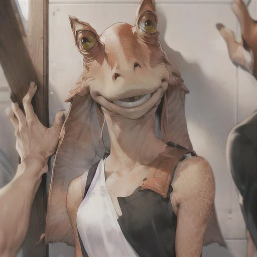 jar jar binks, Beautiful Art Style, 1girl, young woman, looking at viewer, foxy, colosseum, dorsiflexion, 1girl and 1boy, kabedon pov, <lora:kabedonPOV_1girlAnd1boyKabedon:0.8>, <lora:Vivid_Impactful_Style_locon_v4h:0.8>, <lora:jarJarBinksGunganStar_v3:0.6>