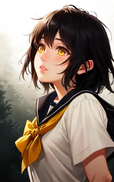 best quality, high detailed, Faint lips,UC:realistic, cinematic lighting kawaii cute 1girl black hair yellow eyes, whiskers school_Uniform slouch socks monk strap Fullbody , from side, fullbody , look up to