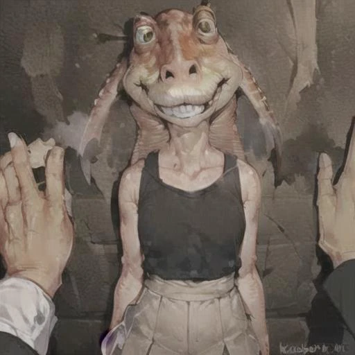 jar jar binks, Beautiful Art Style, 1girl, young woman, looking at viewer, esthetical, cave, arm at side, 1girl and 1boy, kabedon pov, <lora:kabedonPOV_1girlAnd1boyKabedon:0.8>, cursed image, <lora:cursedImages_cursedImages:0.7>, <lora:jarJarBinksGunganStar_v3:0.6>