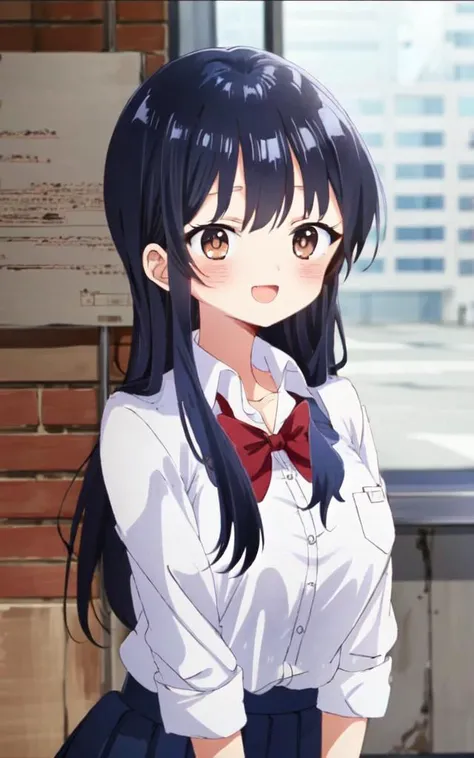 cute kawaii <lora:anna:0.8:NP> yamada anna 1girl, long_hair straight hair, black_hair, eyebrows_visible_through_hair, bangs, brown_eyes, medium breasts, tall girl blush :D  white school shirt, navybluue pleated_skirt, lowfers