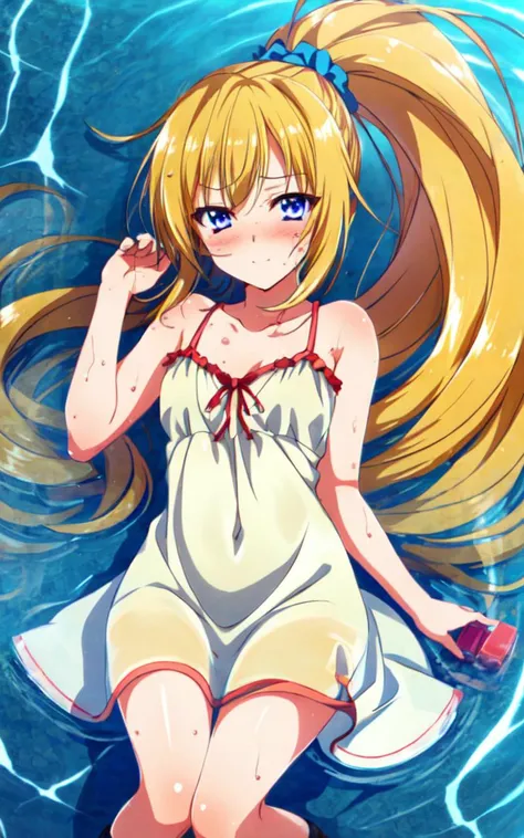 <lora:karu:0.7:NP> karu 1girl clear purpleblue violet eyes, medium breasts skindantation, kawaii tsundere gyaru eyeliner happy (nose blush) doyagao [gradient hair [lightorangeyellow:turquoise:0.8] hair] super long hair, shiny hair (sidelocks) (symmetrical bangs) (blunt bangs), hair up highponytail head_scrunchie,  (squinting eyes:1.4) smile, blond sundress zettairyouiki (coral over knee socks), sandales , +++ extremely quality extremely detailed deep-silky-healthy-lackwarm-foundational-soft-skin, illustration high resolution, contrapposto glow shine like opal, <lora:_flat2:-0.3:ALL> <lora:_hipoly3DModelLora_v20:0.3:NF> hiqcgbody ++ Faint lips,UC:realistic cute anime face cinematic angle Girl at the front dynamic pose, wet:1.6 water drop ((beautiful detailed lighting)),lying_on_water (from above), ((an extremely delicate and beautiful)) detailed wet clothes, overexplosure, floating, (beautiful detailed eyes), extremely beautiful detailed water, ((lying on the lake)), ((hairs curling in the water)), ((blue:green:0.5) water) (clear background:1.3), (masterpiece) 8k_wallpaper