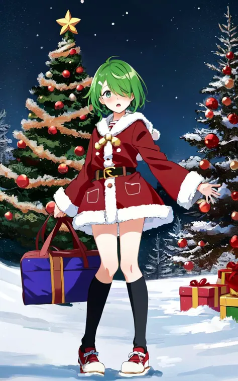 school uniform, black long sleeve, sweater ankle socks, school bag, kawaii petite minor 1girl yo eyeliner skindantation (a mole under the right eye) medium breasts (eyes visible through hair) +++, +++
gradient eyes,
vivid green hair,
short hair ,
twin braids,
drill hair ,
hair over one eye,
hair flaps ,
gasping,
nose blush ,
+++, reaching out , full body , +++ extremely quality, high detailed, anime coloring illustration game cg contrapposto <lora:_flat2:0.3:ALL> ++ Faint lips,UC:realistic cute anime face cinematic angle Girl at the front single focus dynamic pose, xmas santa costume fur_trim red coat (best shadow) (Large Christmas tree blue illumination) cold sky snowy night
