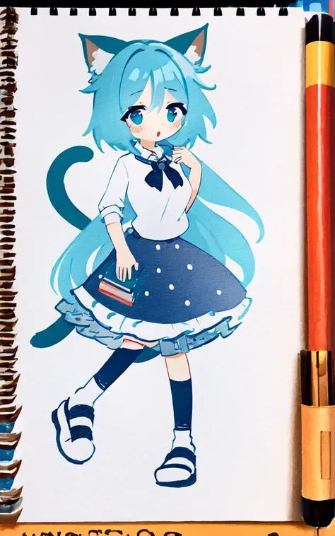 pencil style monochrome:2 sketch, kawaii petite minor 1girl eyeliner skindantation (a mole under the right eye) large breasts (eyes visible through hair) +++, transparency turquoise polo shirt starry print skirt slouch socks bulb_toe_shoes, +++
amber eyes,
vivid red hair,
long hair ,
ponytail,
drill hair ,
hair_pulled_back,
sideburns ,
:o,
,
+++, cat ears, cat tail, cat legs fluffy:2 furry beastman, sketch manga style traditional media croquis colored pencil (medium)