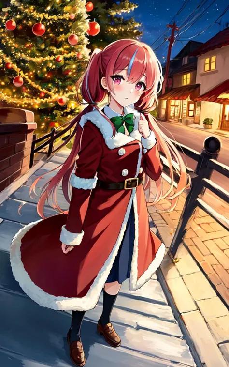 school uniform, black short sleeve high socks, school bag, kawaii ite minor 1girl 13yeyeliner skindantation (a mole under the right eye) large breasts (eyes visible through hair) +++, +++
pink eyes,
dark coral hair,
very long hair ,
low twintails,
streaked hair ,
asymmetrical bangs,
hair flaps ,
:/,
blush ,
head_tilt standing
+++, selfie solo focus wide shot full body (((taken with Sony A1, 8mm, f8))) , fullbody , +++ extremely quality, high detailed, anime coloring illustration game cg contrapposto <lora:_flat2:0.3:ALL> ++ Faint lips,UC:realistic cute anime face cinematic angle Girl at the front single focus dynamic pose, xmas santa costume fur_trim red coat (best shadow) (Large Christmas tree blue illumination) cold sky snowy night